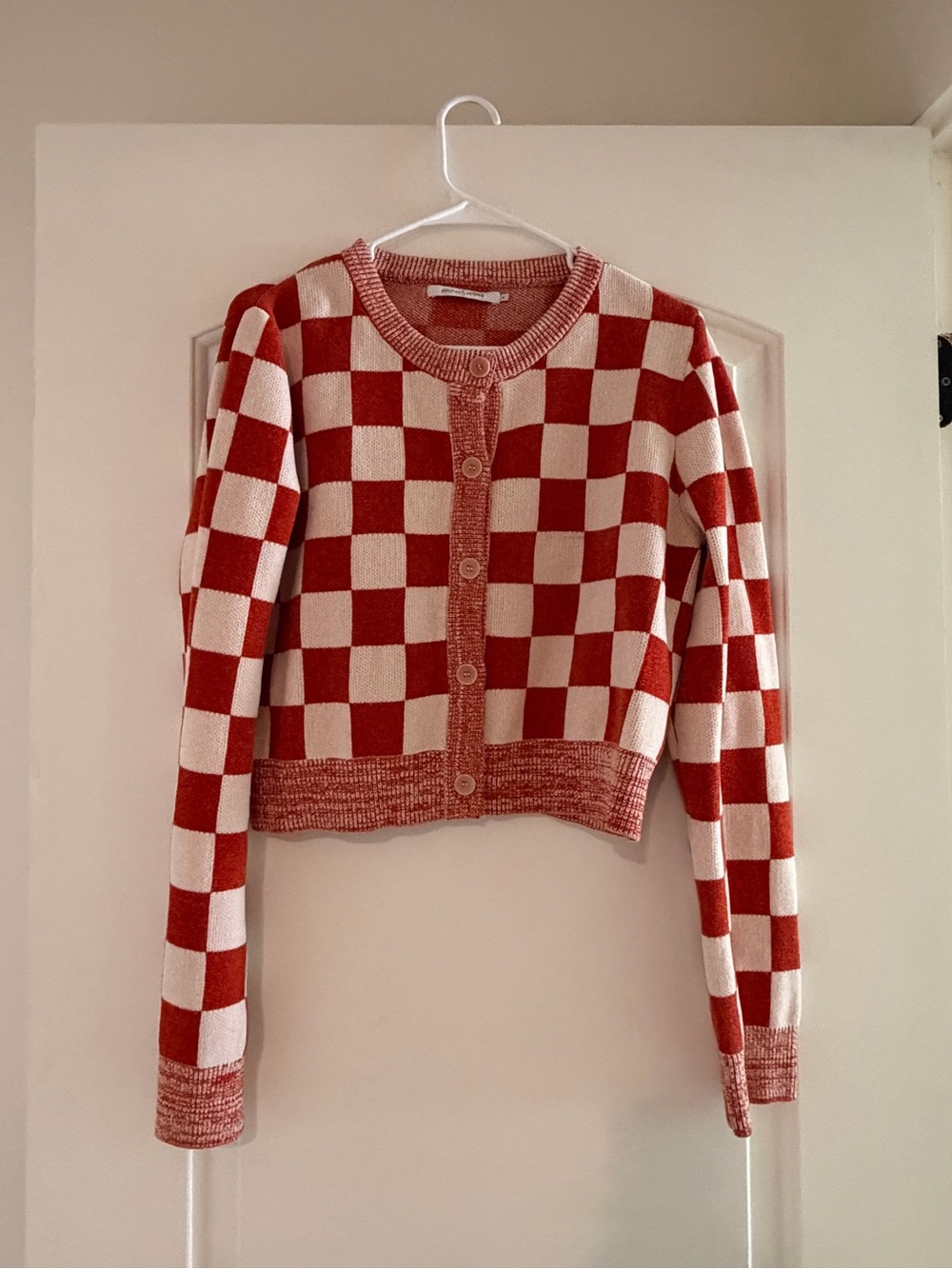 Checkerboard Red and Cream Cropped Button-Front Cardigan